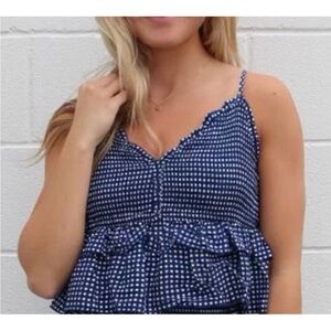 Ocean Drive M Crop Cami Navy Blue & White Gingham Layers Straps Ruffles Beach
